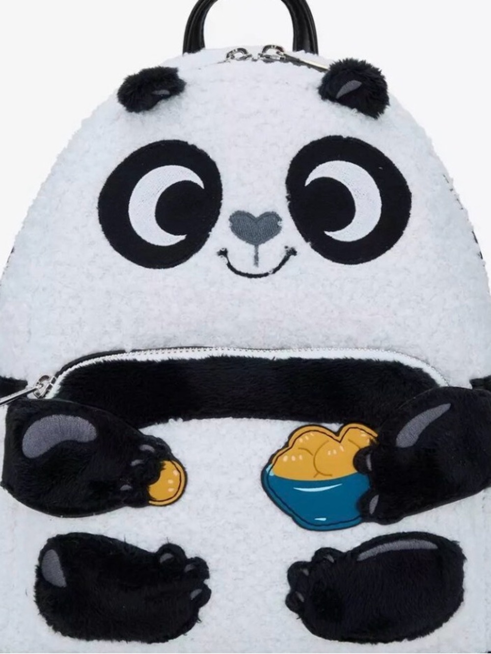 Loungefly Kung Fu Panda Plush Sherpa Backpack in White & Black with Silver Zip